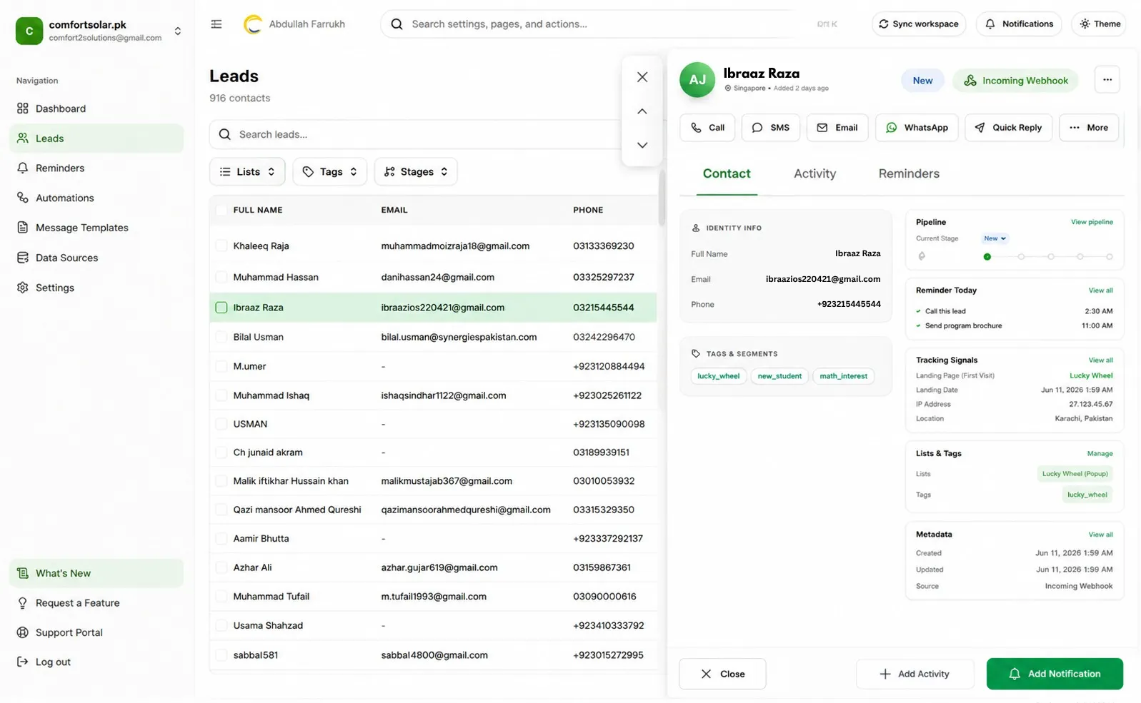 PloverCRM lead details screen