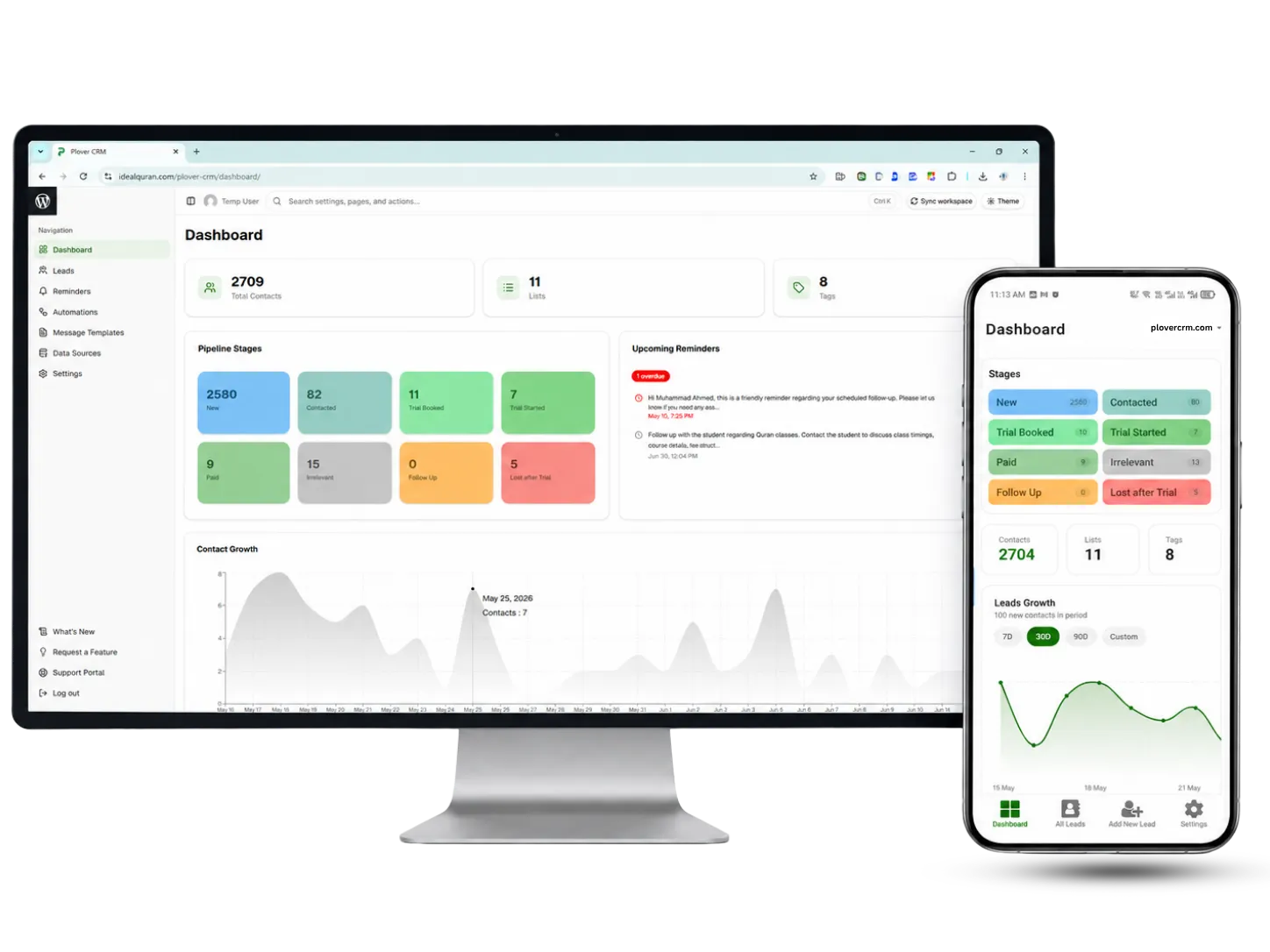 PloverCRM desktop and mobile dashboard showing lead stages, source tracking, and reminders